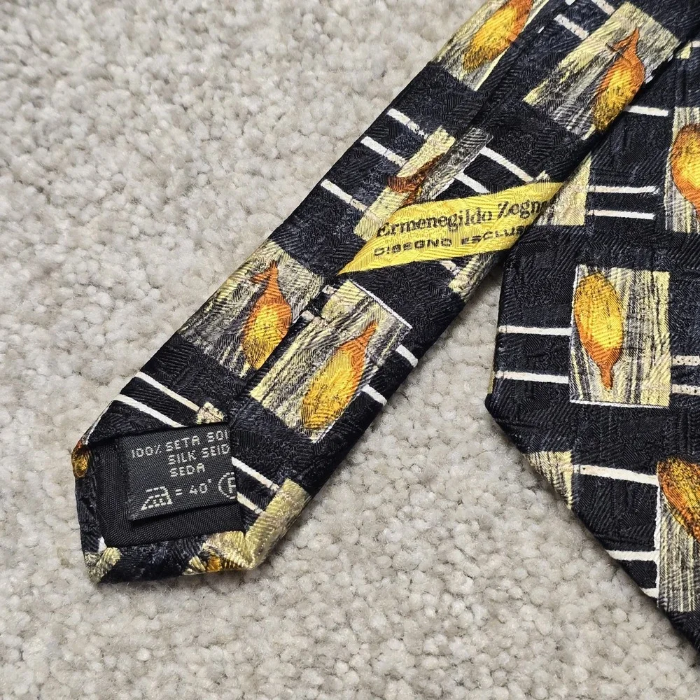 Ermenegildo Zegna 100% Silk Tie‎ Black Gold Abstract Leaf Italy Luxury